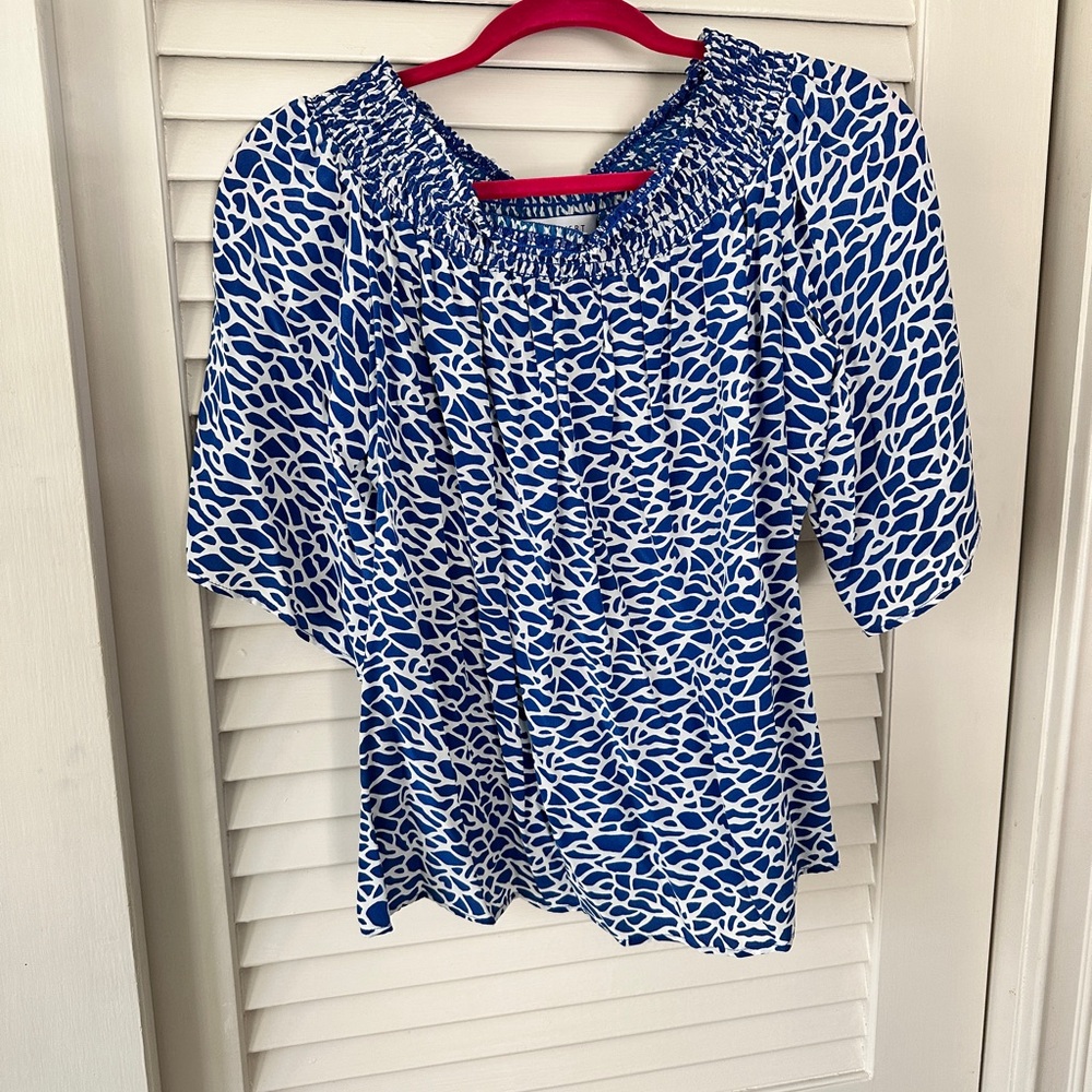 Amour Vert Blue and White Smocked Blouse with Puff Sleeves